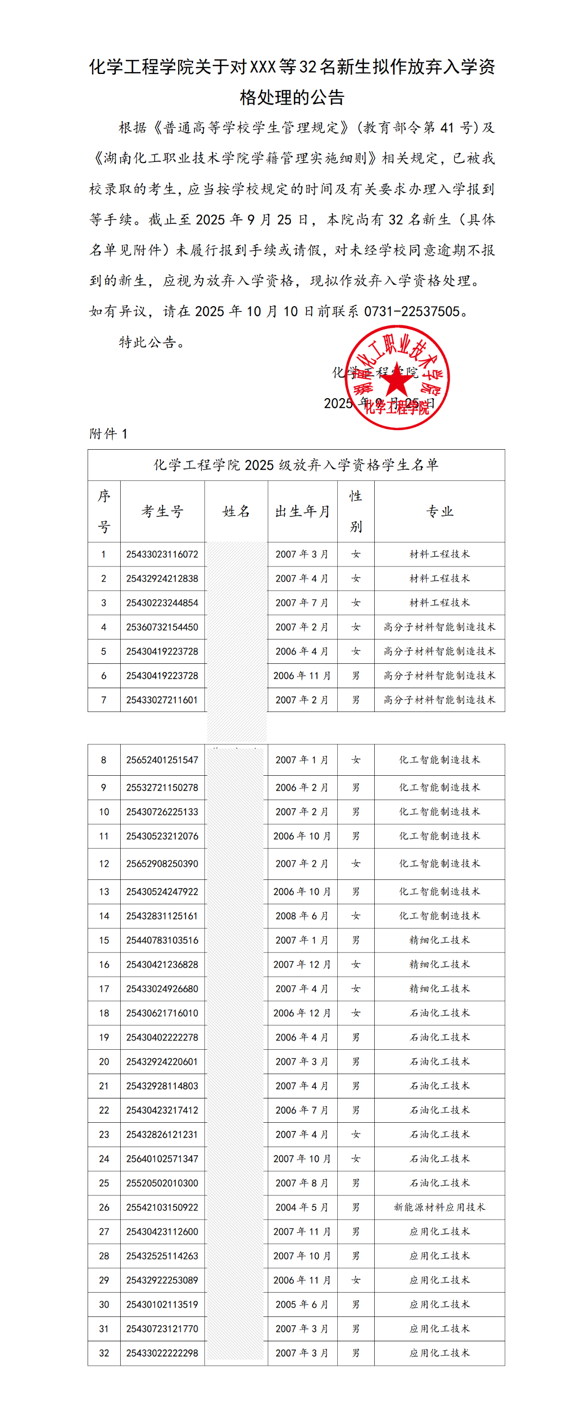 关于对欧阳余青等32名新生拟作放弃入学资格处理的公告.1docx_01.png